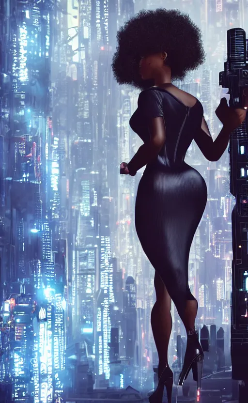 Image similar to Elegant Black woman in dress and heels, holding a futuristic pistol, her back is to us, looking at a futuristic Blade Runner city” 8K