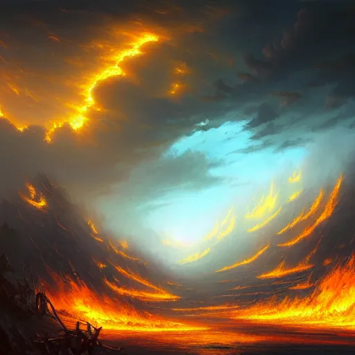 Image similar to A beautiful hyper realistic detailled matte painting of a fiery torrent of wind overflowing with Yellow energy, nightfall, barometric projection, by andreas rocha john howe, and Martin Johnson Heade, featured on artstation, featured on behance, ultrawide angle,f16