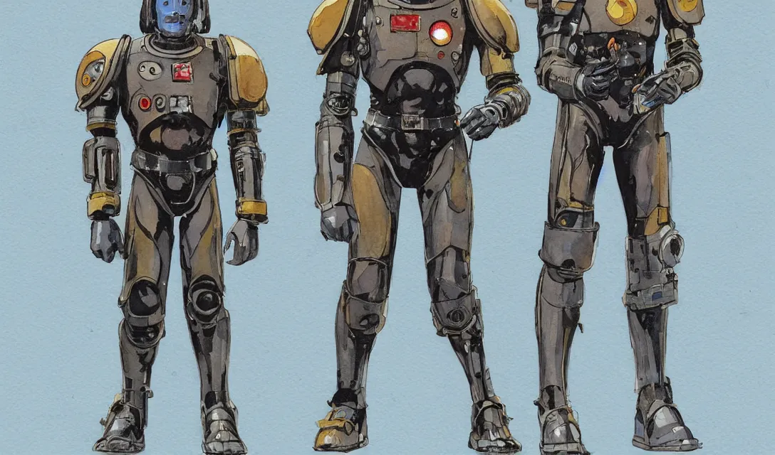 Image similar to male, full body, modern space suit, very stylized character design, large shoulders, short torso, long thin legs, tiny feet, science fiction, hyperdetailed, technical suit, space marine, watercolor digital painting, by mike mignola, by alex maleev, jean giraud, painted by leyendecker