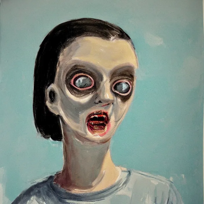 Image similar to nice quality and nice everything painting of a nice portrait of the girl with nice facial features, thick eyebrows, dark shadows under eyes, bright eyes sweater and shorts, at the psych ward laughing at the viewer, stylistically like Range Marata and stylistically like old French horror movies from the 1960s, softly shadowed, enjoyable, with quality provio. rendered with 3D effect.