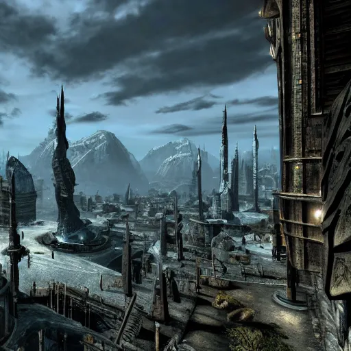 Image similar to gorgeous skyrim futuristic city, ultra detailed, 4 k