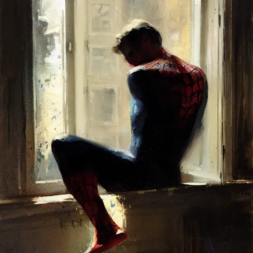 Prompt: portrait of an emotional spiderman, window light, by jeremy mann, anders zorn.