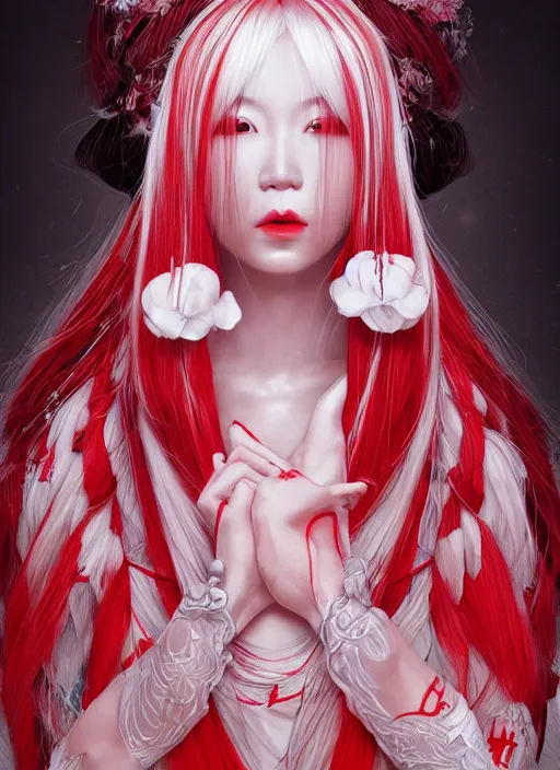 Prompt: albino maiko with very long fantasy hair, fluent composition, red and white neon, concept art, ambient light, 4 k, intricate details, highly professionally detailed, cgsociety, highly detailed -