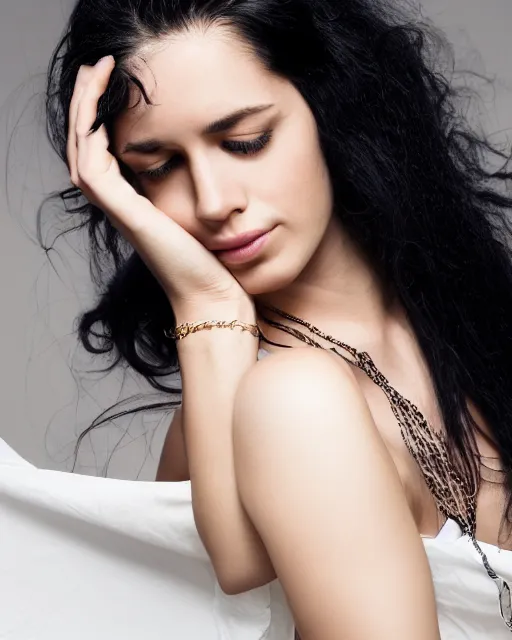 Prompt: a portrait of a beautiful Young female with long disheveled black hair, beautiful and in deep thought, sweet looks, white skin and reflective eyes, black tank top, black leather shiny jeans, an ankh necklace white colors in the background, by David Lazar and Annie Leibovitz 500px photos, top cinematic lighting , cinematic mood, very detailed, shot in canon 50mm f/1.2