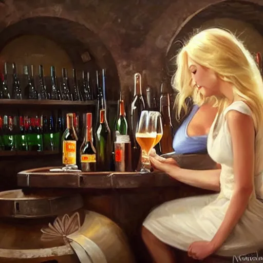 Image similar to blonde woman and Boba Fett drinking beer in a wine cellar, atmospheric, aphrodisiac, romantic, cozy, inviting, love, painting by Vladimir Volegov