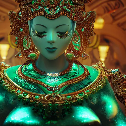 Prompt: photograph of princess, green jewels, breathtaking, ornate, intricate, hyper detailed, accent lighting, dramatic light, 4 k octane render