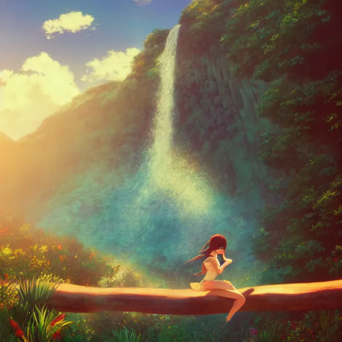 Image similar to an epic makoto shinkai and renoir landscape with a hawaiian waterfall, golden hour, 🌺, a beautiful woman with long brown hair, ultra smooth, octane render, lois van baarle, ilya kuvshinov