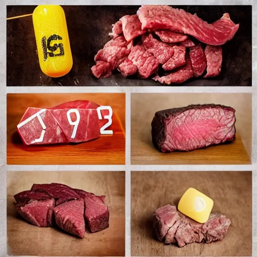 Image similar to d20 made of meat, dnd, dice, die, steak, beef, oily, glisten, juicy, gaming, in the style of food photography, food stylist, japanese restaurant menu picture,