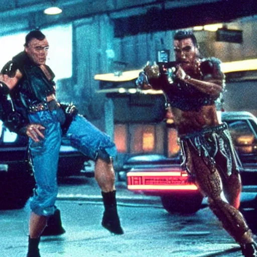 Image similar to movie still, 1 9 8 0 s, van damme as cyberpunk street fighter, hyperdetailed, by ridley scott, john carpenter and vittorio storaro, blue leds