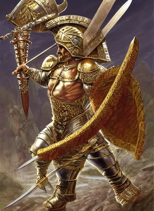 Image similar to strong gladiator holding legendary sword, fantasy, man, gilded shiny armour, intricate, highly detailed, digital painting, artstation, concept art, wallpaper, smooth, sharp focus, illustration, illumination, raytracting, art by larry elmore, jeff easley, clyde waldwell, keith parkinson, daniel r horne