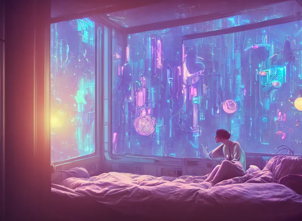 Image similar to telephoto photograph depicting the experience of acceptance in a cosy cluttered french sci - fi ( art nouveau ) cyberpunk apartment in a pastel dreamstate art cinema style. ( iridescent terrarium!, computer screens, window ( city ), leds, lamp, ( ( ( terrarium bed ) ) ) ), ambient light.