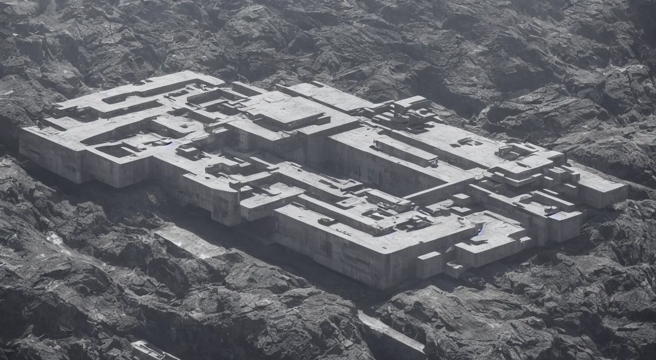 Image similar to big brutalist imperial military base on cliffs, drawing architecture, very long shot, top angle, imperial architecture in rogue one, pritzker architecture prize, brutalism architecture, jan urschel