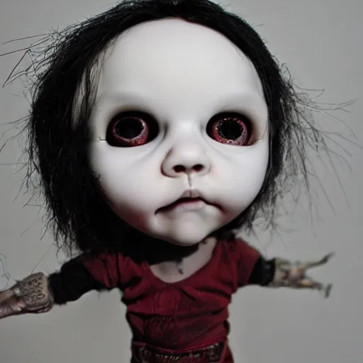 Image similar to creepy doll cursed witchcraft black eyes toy ryohei hase