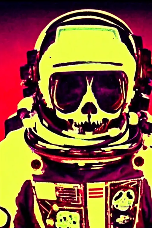 Image similar to astronaut with neon glowing skull 1 9 6 0 s color _ bleed _ video compression video glitch vhs footage akira kurosawa mamoru oshii wes anderson