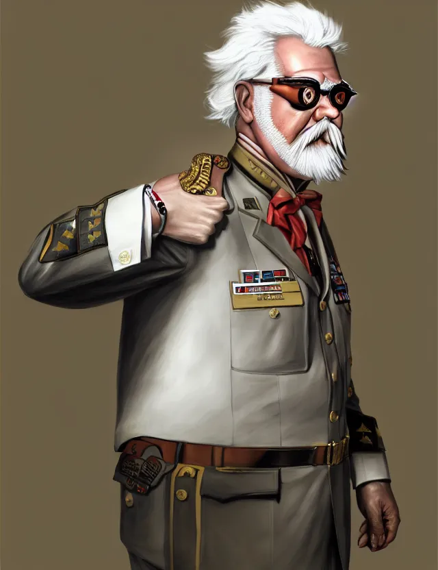 Image similar to a portrait of colonel sanders wearing a military uniform and an eyepatch, by moebius and tyler edlin and hr giger, trending on artstation, digital art, 4 k resolution, detailed, high quality, sharp focus, hq artwork, coherent, insane detail, concept art