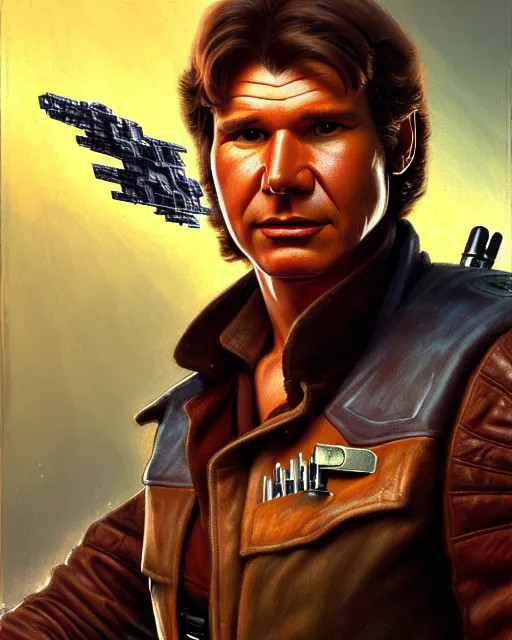 Image similar to character portrait closeup 4 0 years old han solo harrison ford cyberpunk starcraft terran warhammer 4 0 k space marine, confident, character design, painting by gaston bussiere, katsuya terada, frank frazetta, tom of finland, wlop, artgerm, dan mumford, action pose, trending on artstation