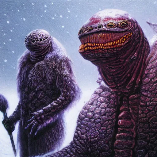 Image similar to anthropomorphic turtle humanoid, carapace, wayne barlowe, blizzard, winter, night, furs, fantasy