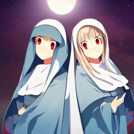 Prompt: two identical beautiful female nuns under clear night sky, beautiful anime art