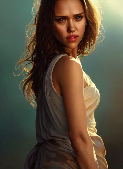 Image similar to half Jessica Alba half Nathalie Portman half scarlett johansonna pure seductive angel, full body portrait, slight smile, diffuse natural sun lights, autumn lights, highly detailed, digital painting, artstation, concept art, sharp focus, illustration, art by wlop and greg rutkowski and alphonse mucha and artgerm