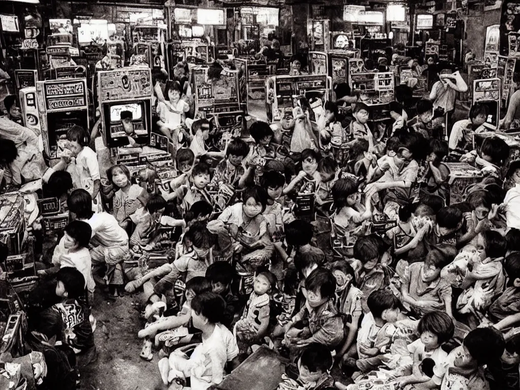 Prompt: 1 9 8 8 photo of : in the narrow cramped dense “ kowloon walled city ”, children are playing colorful video games in a crowded arcade. the room is full of industrial machinery, and is tattered and dirty. full - color professional journalistic photography from “ time ” magazine.