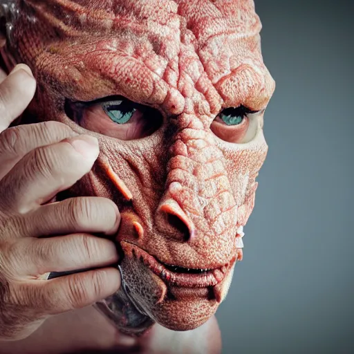 Prompt: portrait photograph of lizard man removing human skin mask, realistic cinematic lighting, ultra detailed, hyper realism