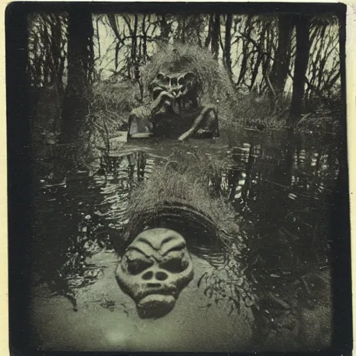 Image similar to creepy lovecraftian monster in swamp, 1910 Polaroid photo