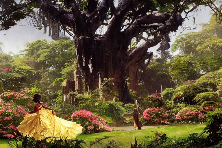 Prompt: illustration of elegant black woman watching spacecraft land in garden of stately home, flowers, baobab trees, distant town in valley and hills, by norman rockwell, jack kirby, john berkey, bergey, craig mullins, ruan jia, raymond swanland, jeremy mann, beksinski, tom lovell, alex malveda, schomburg