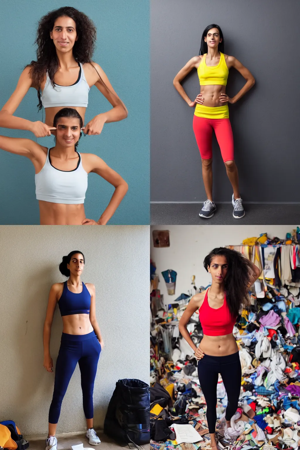 Prompt: gangly, tall, smug young egyptian woman in sports bra, no makeup, folded arms, full body shot, leaning against the wall of a messy cluttered room, trending on arstation