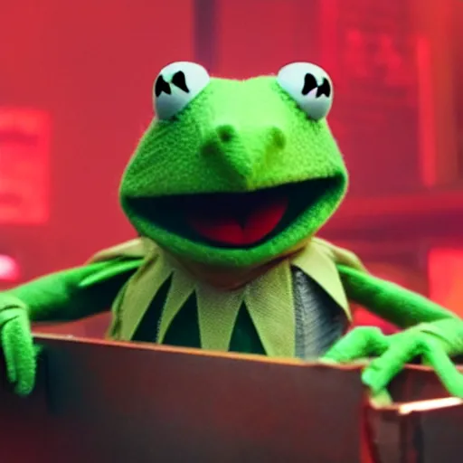 Image similar to a still of kermit the frog, from blade runner 2 0 4 9