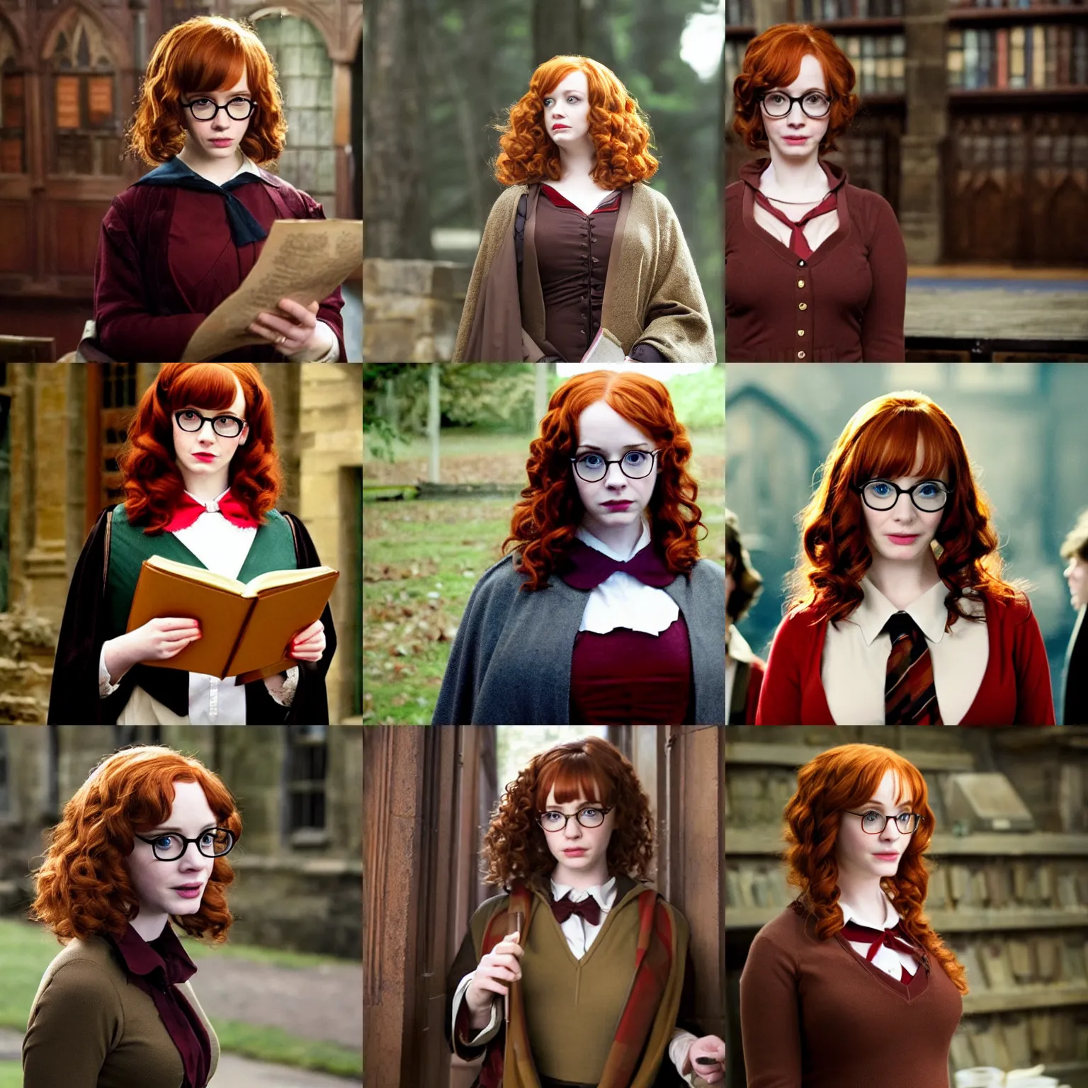 Prompt: a beautiful christina hendricks dressed as a hogwarts student, with brown hair and round glasses, harry potter film still from the movie directed by denis villeneuve, wide shot