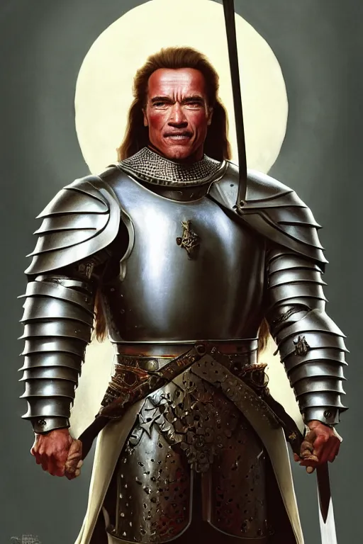 Image similar to arnold schwarzenegger as a medieval knight, fantasy, intricate, elegant, artstation, concept art, smooth, sharp focus by huang guangjian and gil elvgren and sachin teng, 8 k