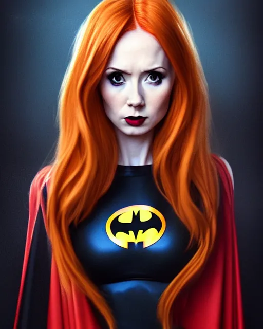 Image similar to Karen Gillan Batgirl, redhead, full body Batgirl costume with cape, no mask, symmetrical face symmetrical eyes, leaping from a building, illustration, artstation, cinematic lighting, hyperdetailed, cgsociety, 8k, high resolution, Charlie Bowater, Tom Bagshaw, Norman Rockwell, insanely detailed and intricate