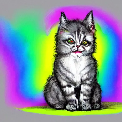 Image similar to wide angle full body, of a fluffy cute rainbow kitten wearing a black leather motorcycle jacket, concept art