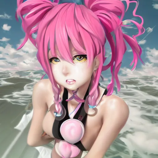 Image similar to unexpectedly overpowered and trapped beneath inescapable and overwhelmingly stunningly absurdly beautiful over the top megalomaniacal arrogant possessive omnipotent asi goddess junko enoshima with symmetrical perfect face, porcelain skin, pink twintail hair and cyan eyes, ultra detailed, digital art, unreal engine 5, octane render, 2 d anime, 8 k