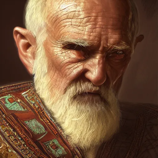 Prompt: close up of an old man wearing ancient canaanite clothing, deep focus, d & d, fantasy, intricate, elegant, highly detailed, digital painting, artstation, concept art, matte, sharp focus, illustration, hearthstone, art by artgerm and greg rutkowski and alphonse mucha