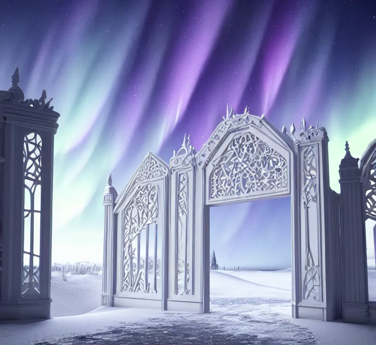 Image similar to a very detailed concept art of intricate and scandinavian white gates to aurora borealis, trending on artstation, symmetry, digital art, 4 k, hyper realistic, octane render, sharp focus