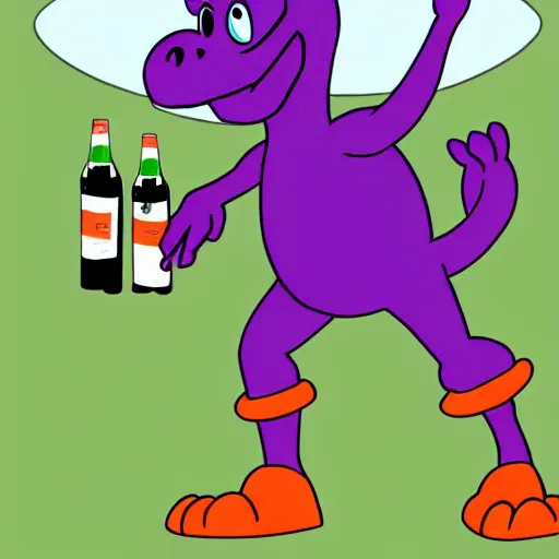 Image similar to fullbody!! barney the dinosaur from the kid's show holding a broken bottle, absurdist, hyperrealistic, digital art