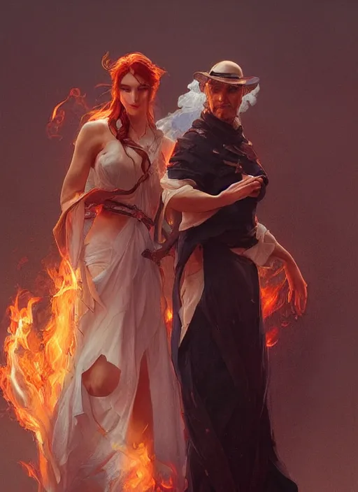 Image similar to a couple made of fire and smoke, full body view, beautiful high quality realistic fantasy art, trending on artstation by artgerm and greg rutkowski and alphonse mucha