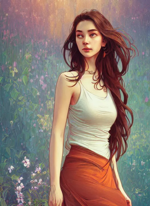 Image similar to handsome young women with shoulder length brown hair, half body shot, path traced, highly detailed, high quality, digital painting, alena aenami, lilia alvarado, shinji aramaki, karol bak, alphonse mucha, tom bagshaw