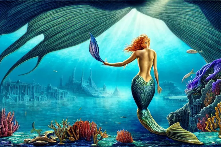 Prompt: a beautiful mermaid looking at the sunken city of Atlantis under water, ray of sunlight, stunning grand architecture, fish and sea creatures in background, art by Johfra Bosschart, 8k octane beautifully detailed render, post-processing, extremely hyperdetailed, intricate, epic composition, grim yet sparkling atmosphere, cinematic lighting + masterpiece, trending on artstation, very detailed, vibrant colors, Art Nouveau, volumetric god rays, deep underwater scene, sharp focus, smooth, dizzy, moody
