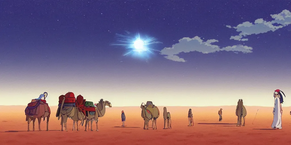 Image similar to a cell - shaded studio ghibli concept art of a silver hovering ufo shining a spotlight on a camel caravan in a flooded stonehenge desert road gas station on a misty starry night. very dull colors, hd, 4 k, hq