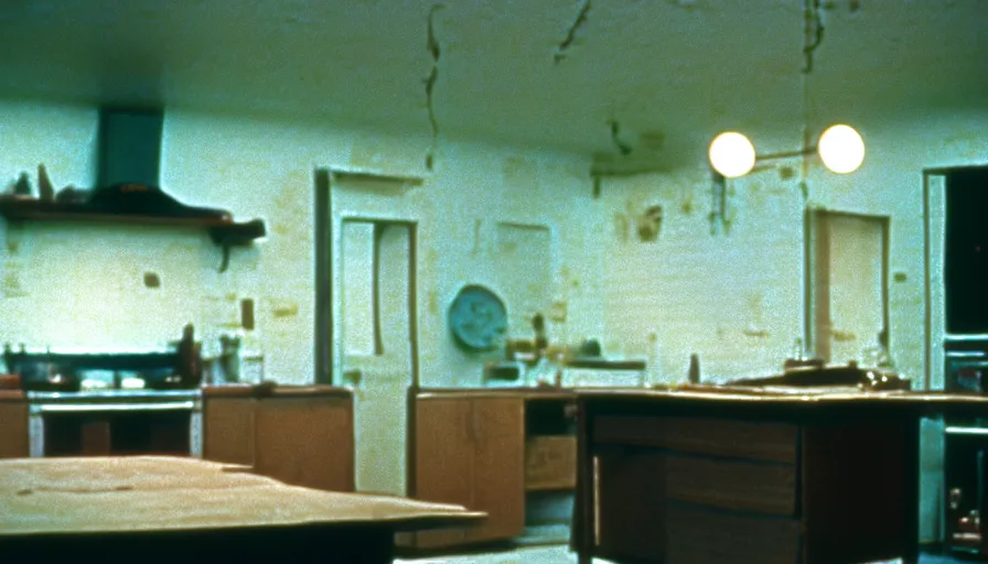 Prompt: 1 9 7 0 s movie still by andrei tarkovsky of big snake in a kitchen, cinestill 8 0 0 t 3 5 mm, heavy grain, high quality, high detail, dramatic light, anamorphic, flares