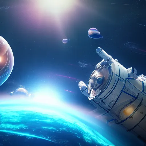 Prompt: hyper realistic underwater space station, spaceships flying through, planets on the background, cinematic lightning, wide panoramic shot, highly detailed, trending on Artstation, Unreal Engine 4k, cinematic wallpaper