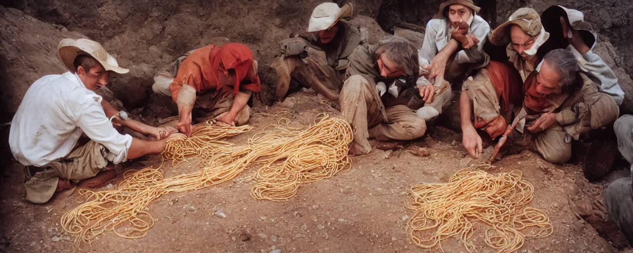 Prompt: archaeologists discovering ancient spaghetti, canon 5 0 mm, super detailed face, facial expression, cinematic lighting, photography, retro, film, kodachrome