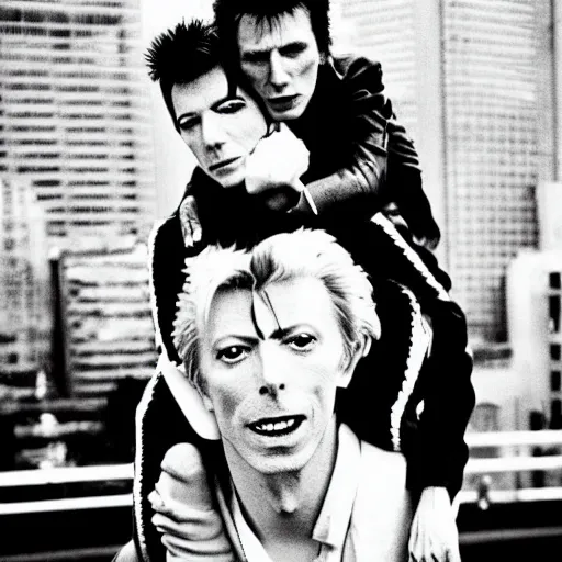 Image similar to david bowie from changes giving a piggy back ride to ziggy stardust. as a photograph with new york in the background