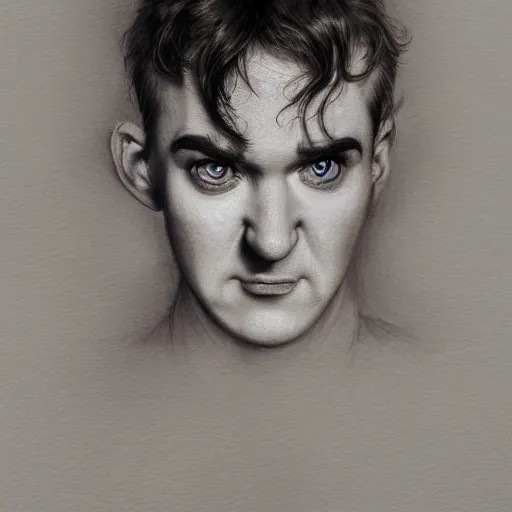 Image similar to stan laurel character portrait, lean face, cinematic lighting, glowing grey eyes, hyper - detailed, 4 k, high resolution, in the style of charlie bowater, tom bagshaw, single face, symmetrical, headshot photograph, insanely detailed and intricate, beautiful, elegant, watercolor, cinematic, portrait, raphaelite, headroom, pierre - auguste renoir