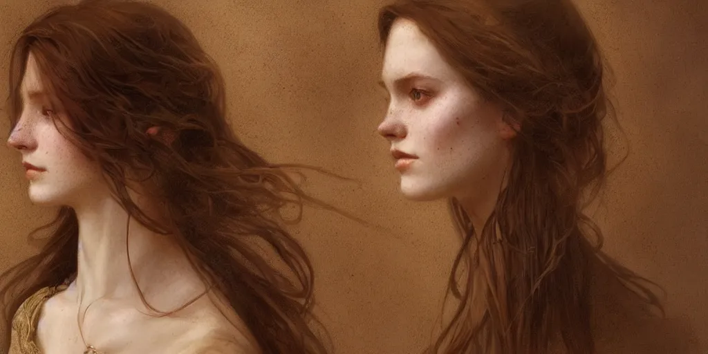 Image similar to portrait of very beautiful Norwegian girl, pale skin, 4k, golden ratio, extreme detail, detailed drawing, trending artstation, hd, fantasy, D&D, realistic lighting, by Alphonse Mucha, Greg Rutkowski, sharp focus, backlit, brown hair, scattered freckles, elegant