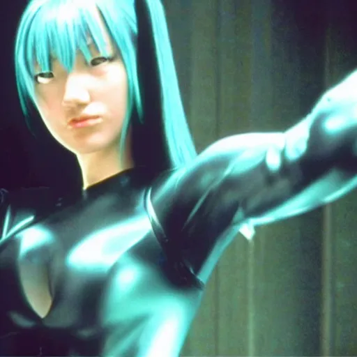 Image similar to photo still of actress miku hatsune as trinity in the matrix ( 1 9 9 9 )