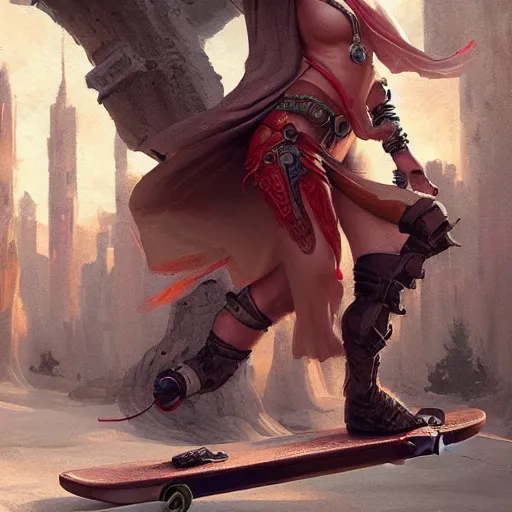 Image similar to A matte painting of Chandra on a skateboard, art by greg rutkowski, trending on artstation