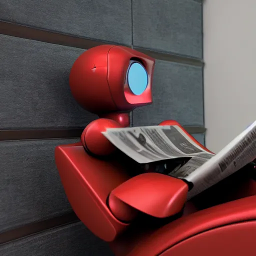 Image similar to futuristic studious matte brown and red and chrome full-body humanoid robot with two huge round expressive sad purple glowing LED eyes and open rectangular mouth sitting on a large comfortable cushioned 1950s vintage recliner reading a newspaper. open newspaper. Cinematic Movie Photograph, Arri Alexa, Extremely Detailed, smooth, very very clean, 8K, octane render, maya render, unreal engine, trending on artstation, DSLR, excellent composition, center frame